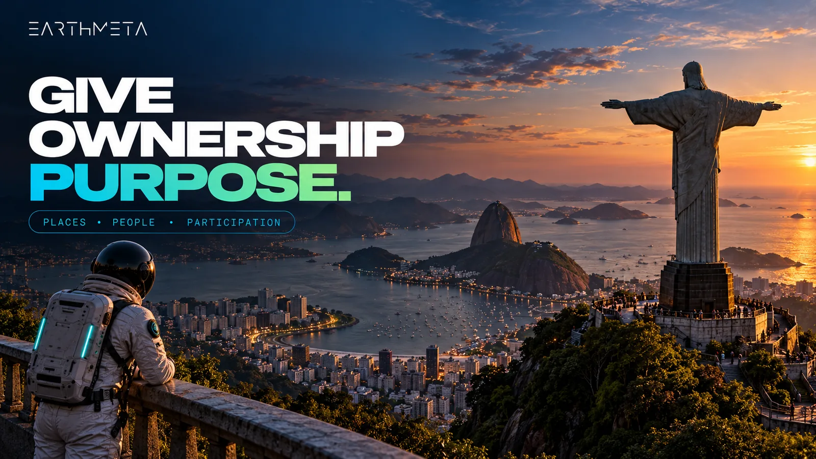 EarthMeta editorial illustration of Rio de Janeiro with Christ the Redeemer, Sugarloaf Mountain and an astronaut at a lookout: give ownership purpose