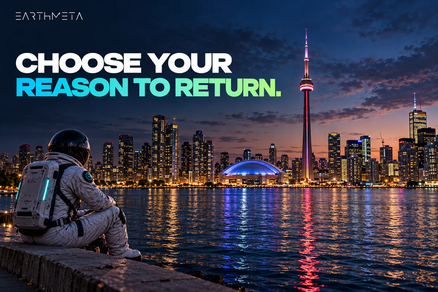 EarthMeta editorial illustration: a faceless astronaut on the Toronto waterfront facing the CN Tower and Rogers Centre, with the headline Choose your reason to return