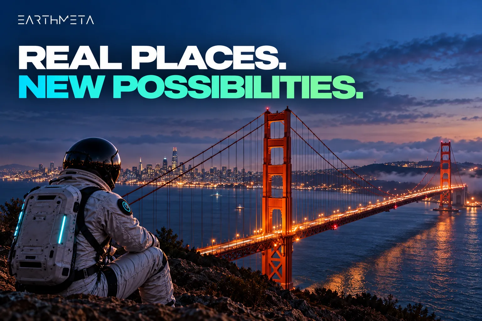 EarthMeta editorial illustration: a faceless astronaut looking at the Golden Gate Bridge in San Francisco at blue hour, with the headline Real places, new possibilities