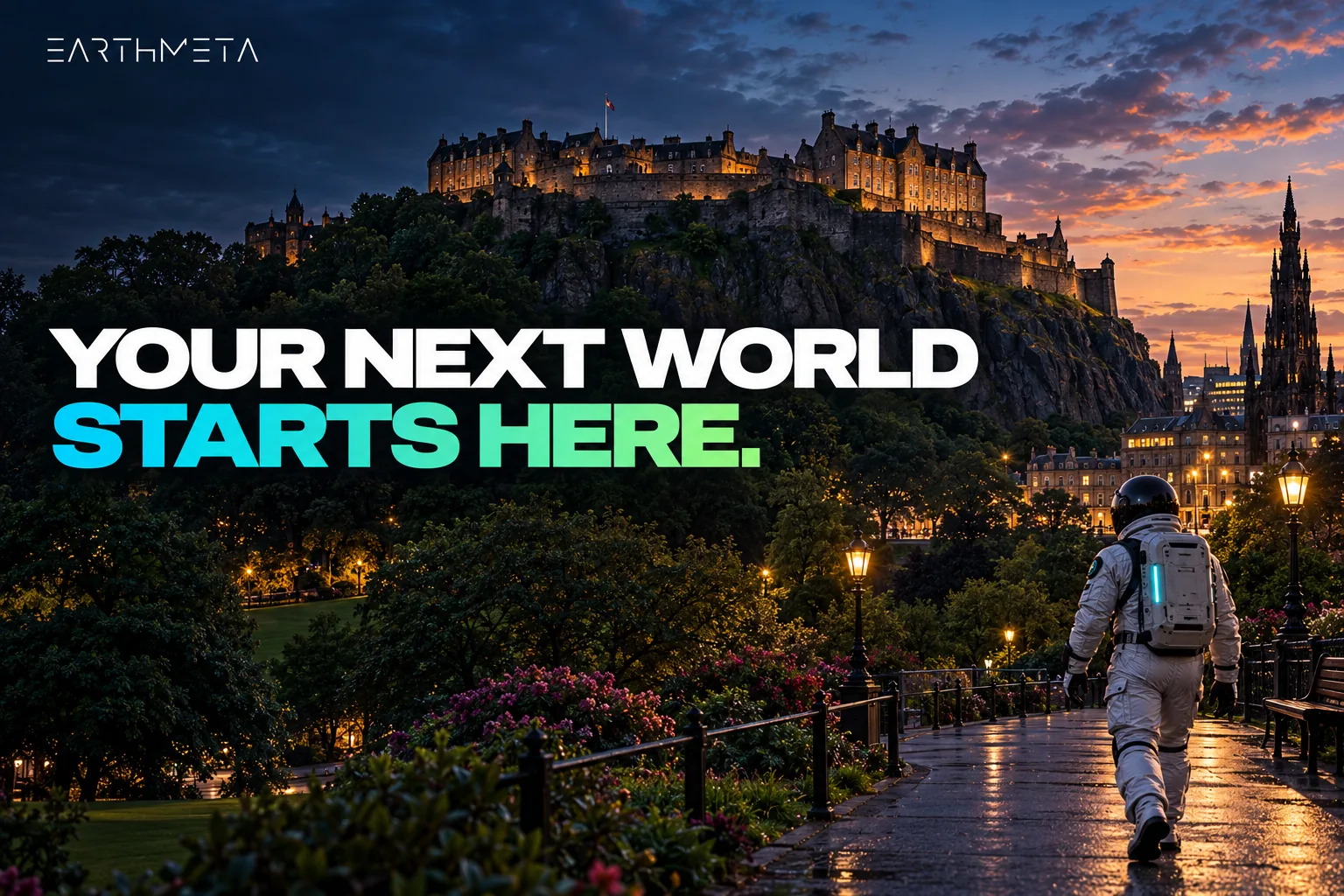 EarthMeta editorial illustration: a faceless astronaut walking through Princes Street Gardens below Edinburgh Castle, with the headline Your next world starts here