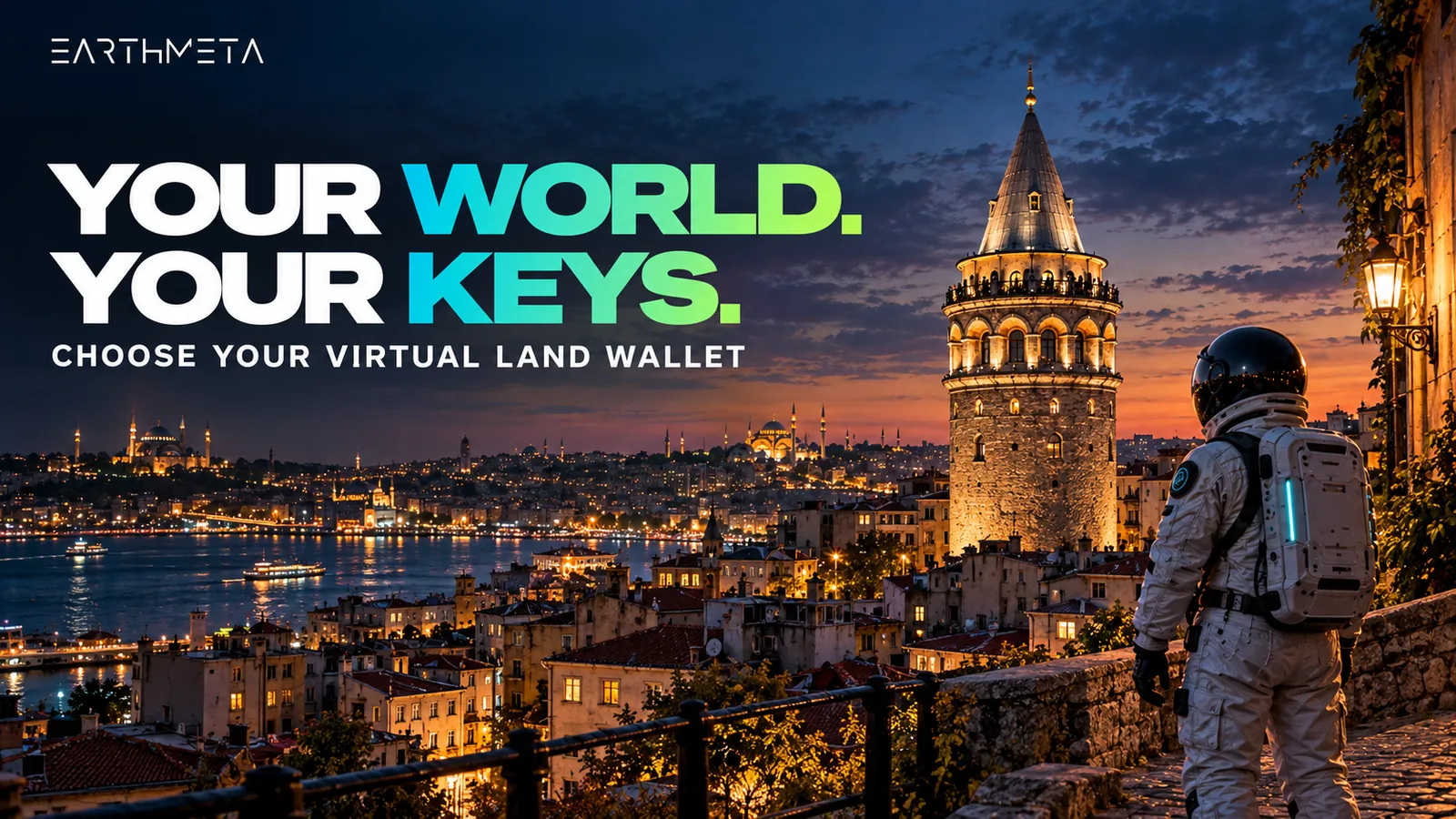 EarthMeta illustration: a faceless astronaut below Istanbul's Galata Tower with the headline Your world. Your keys.