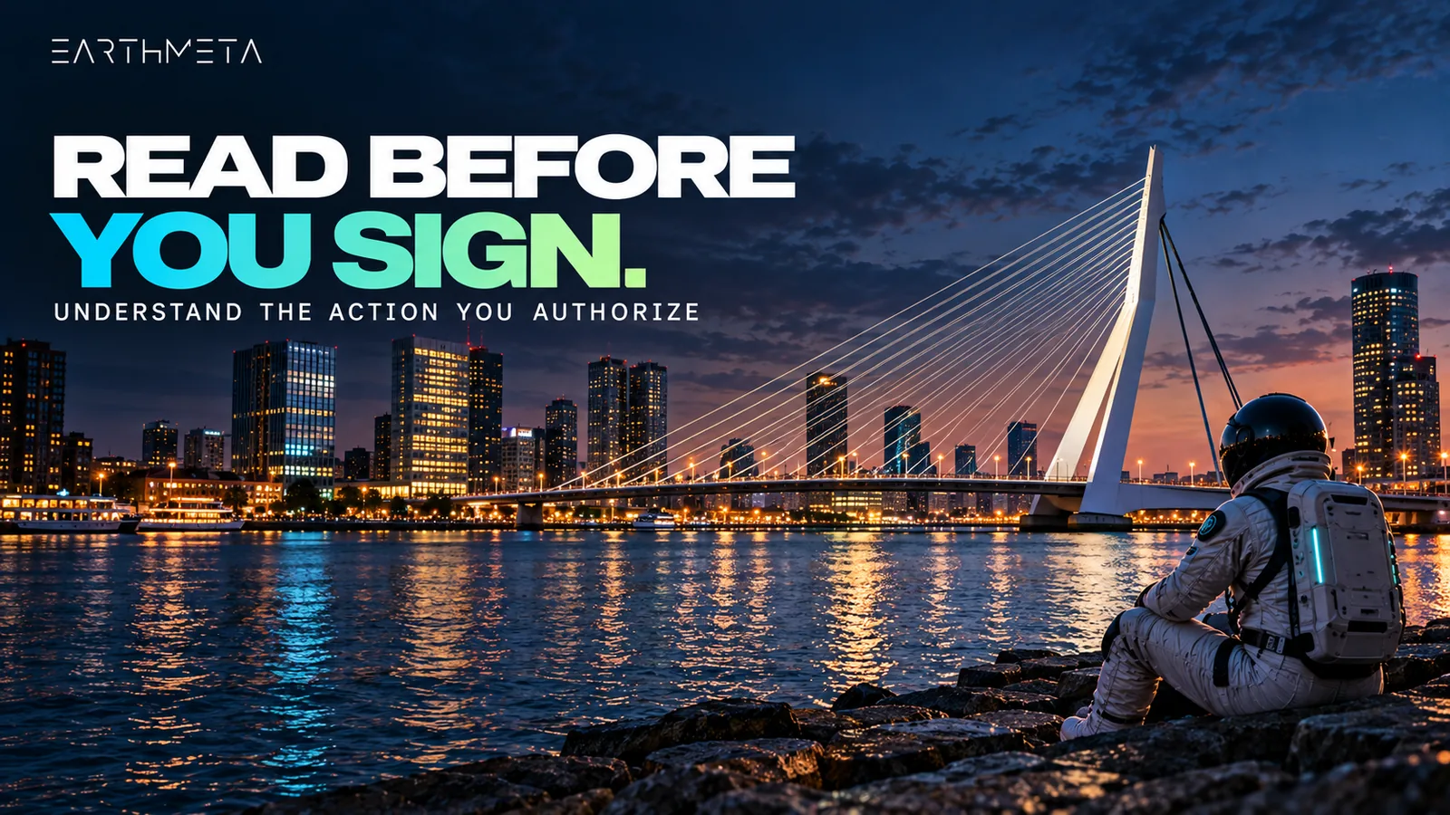 EarthMeta illustration: an astronaut by Rotterdam's Erasmus Bridge with the headline Read before you sign.