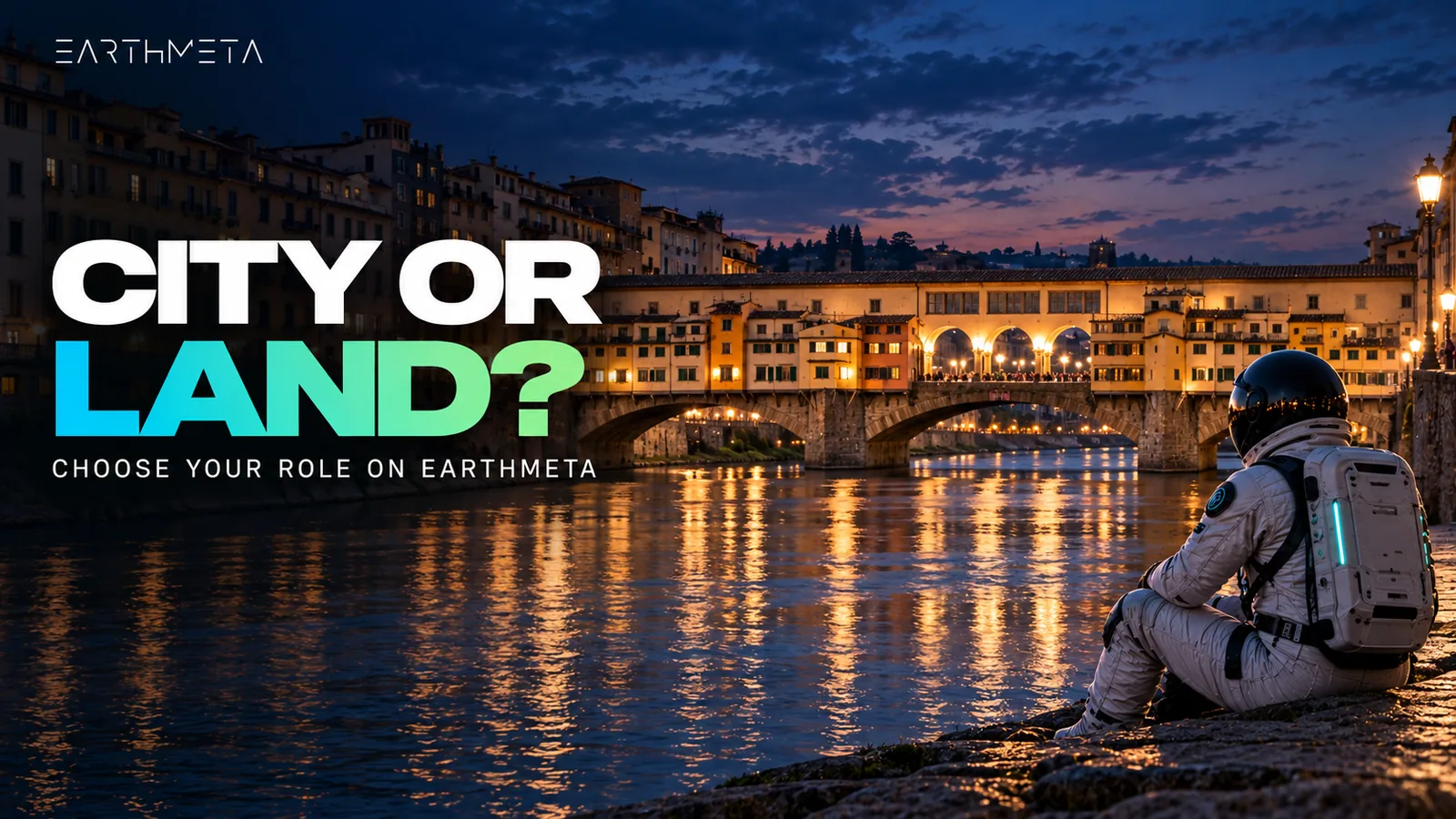 City or land? A faceless EarthMeta astronaut on the Arno riverbank facing Florence's Ponte Vecchio at blue hour