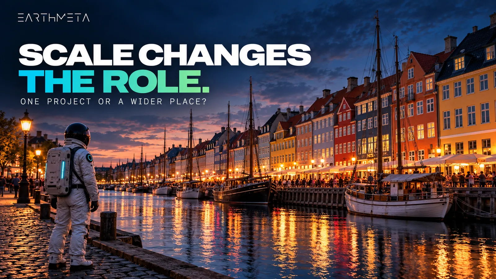 Scale changes the role: an EarthMeta astronaut on the cobbled quayside of Nyhavn, Copenhagen, with colorful townhouses and wooden boats at dusk