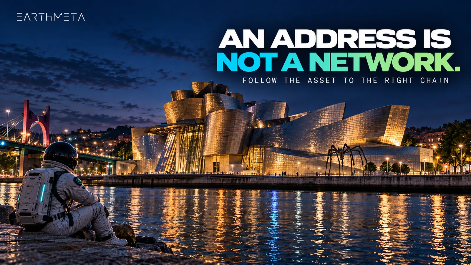 EarthMeta illustration of Bilbao's Guggenheim Museum at blue hour with a faceless astronaut and the headline An address is not a network.
