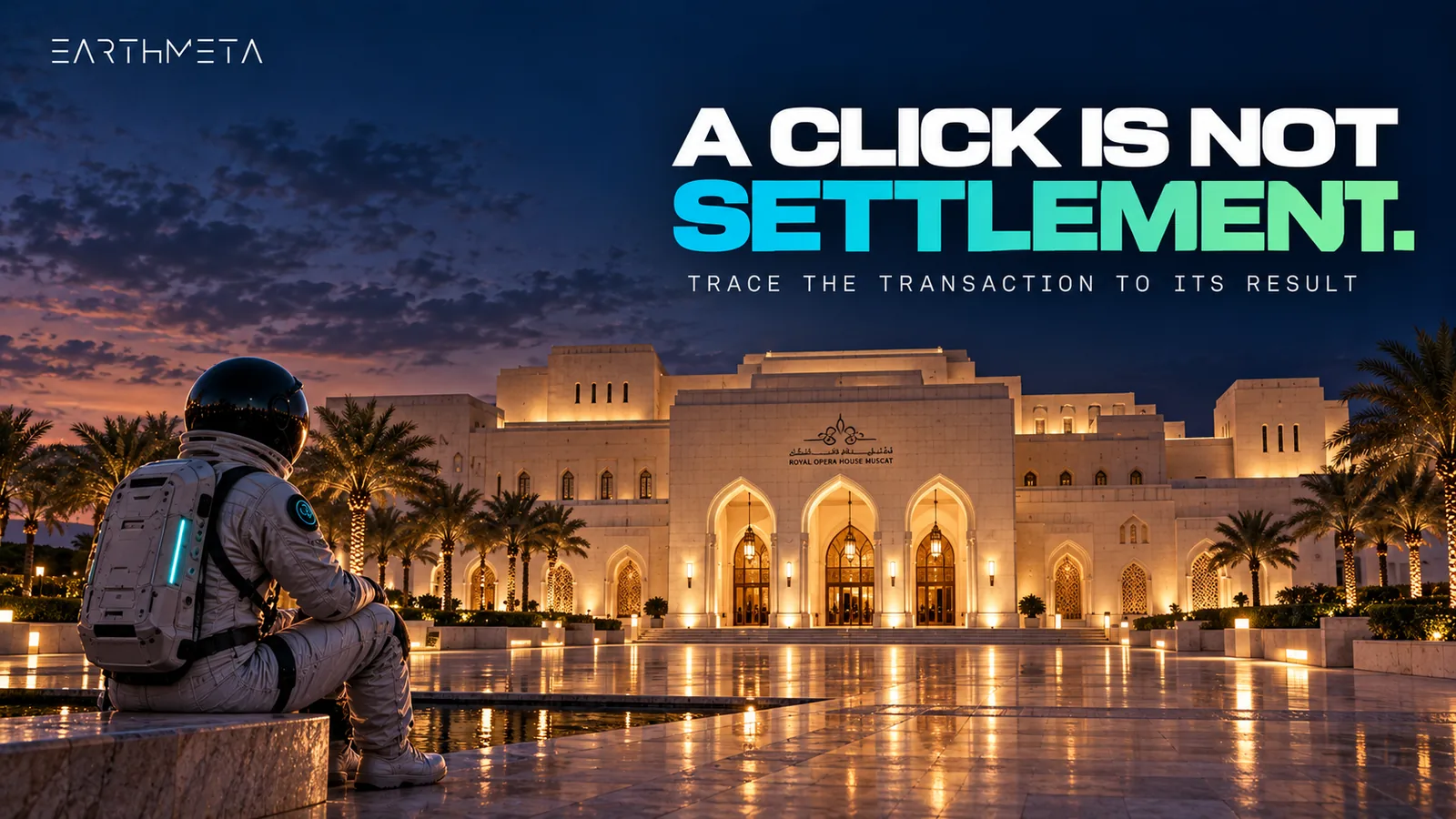 EarthMeta illustration of Muscat's Royal Opera House at twilight with a faceless astronaut and the headline A click is not settlement.