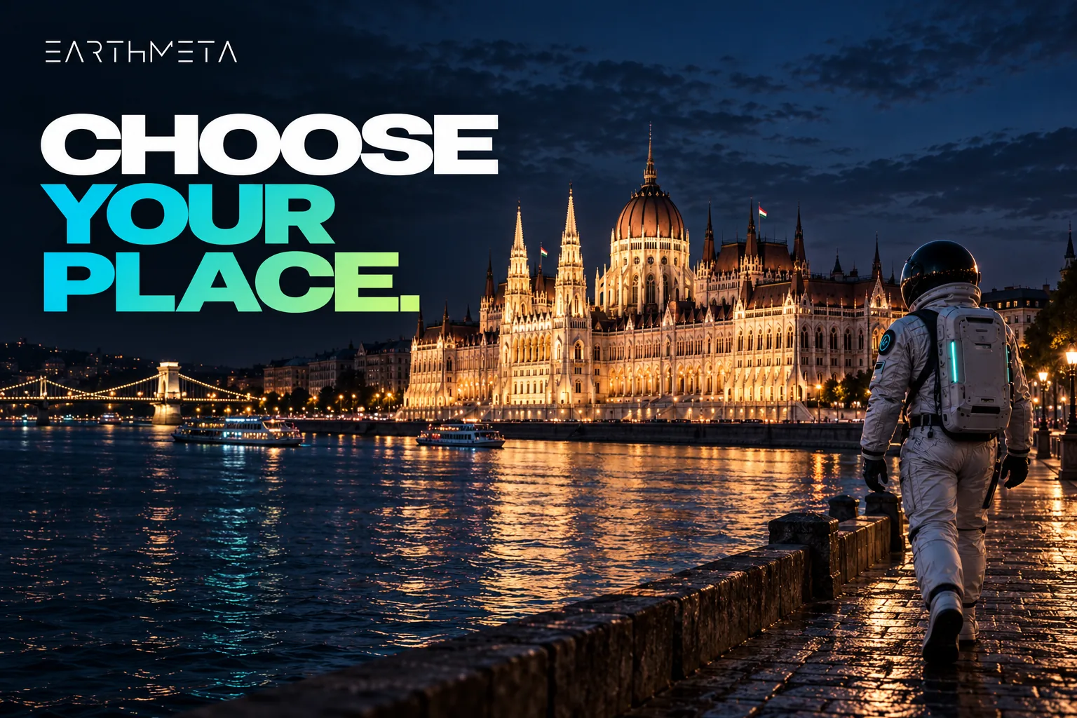 Original EarthMeta artwork: a faceless astronaut beside the Danube and the Hungarian Parliament in Budapest, under the headline Choose your place