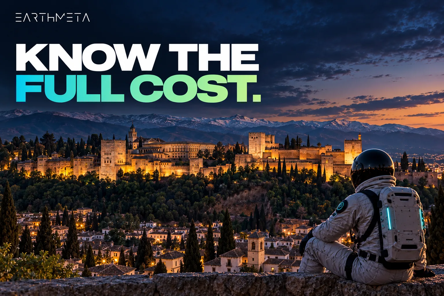 Original EarthMeta artwork: a faceless astronaut overlooking the Alhambra in Granada, Spain, under the headline Know the full cost