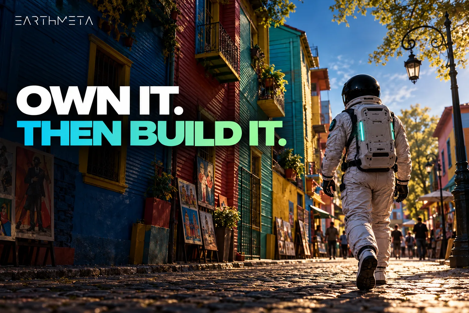 Original EarthMeta artwork: a faceless astronaut walking along Caminito in La Boca, Buenos Aires, Argentina, under the headline Own it. Then build it.