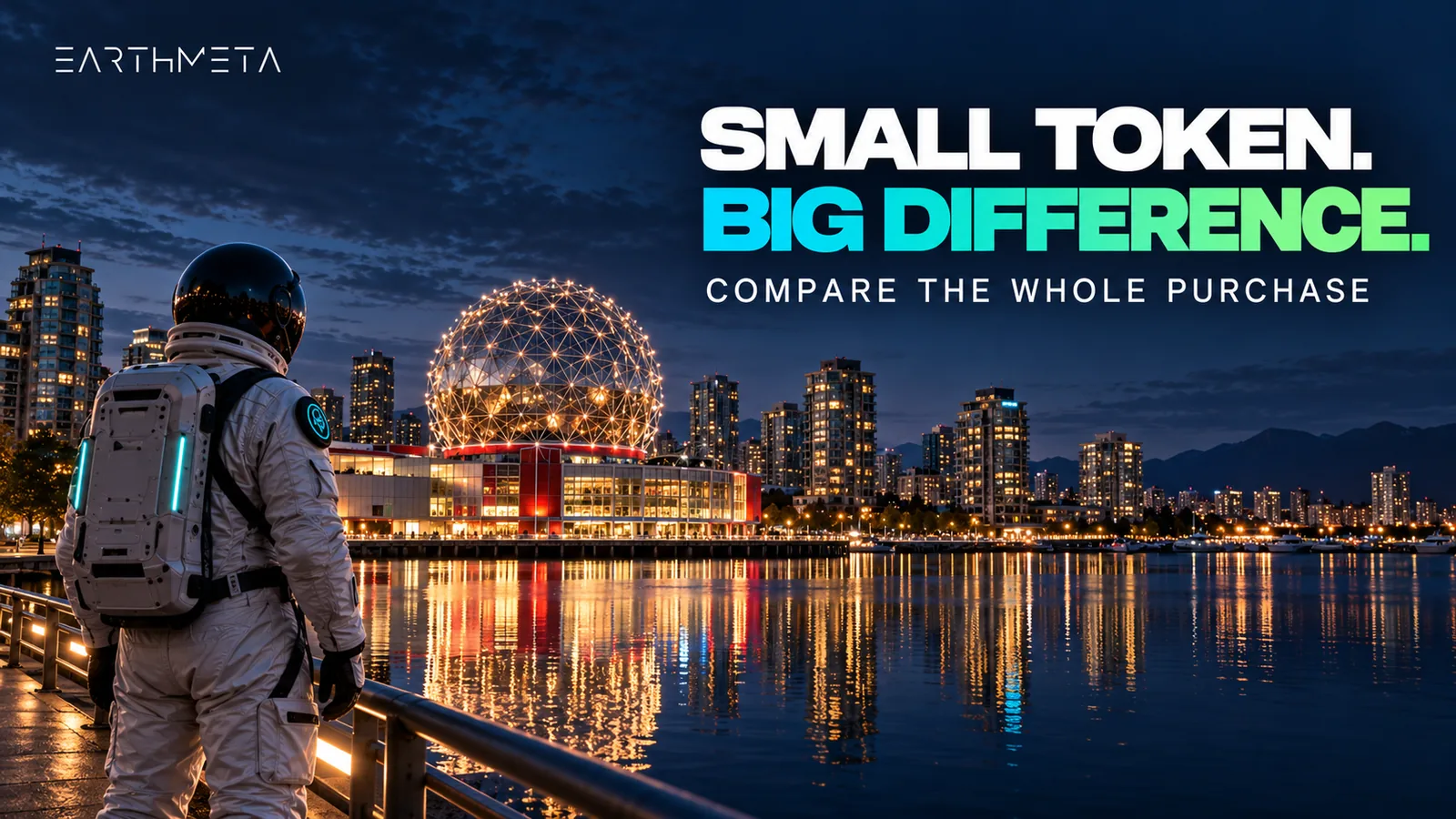 Science World dome on False Creek, Vancouver, at twilight with an EarthMeta astronaut and the headline “Small token. Big difference.”