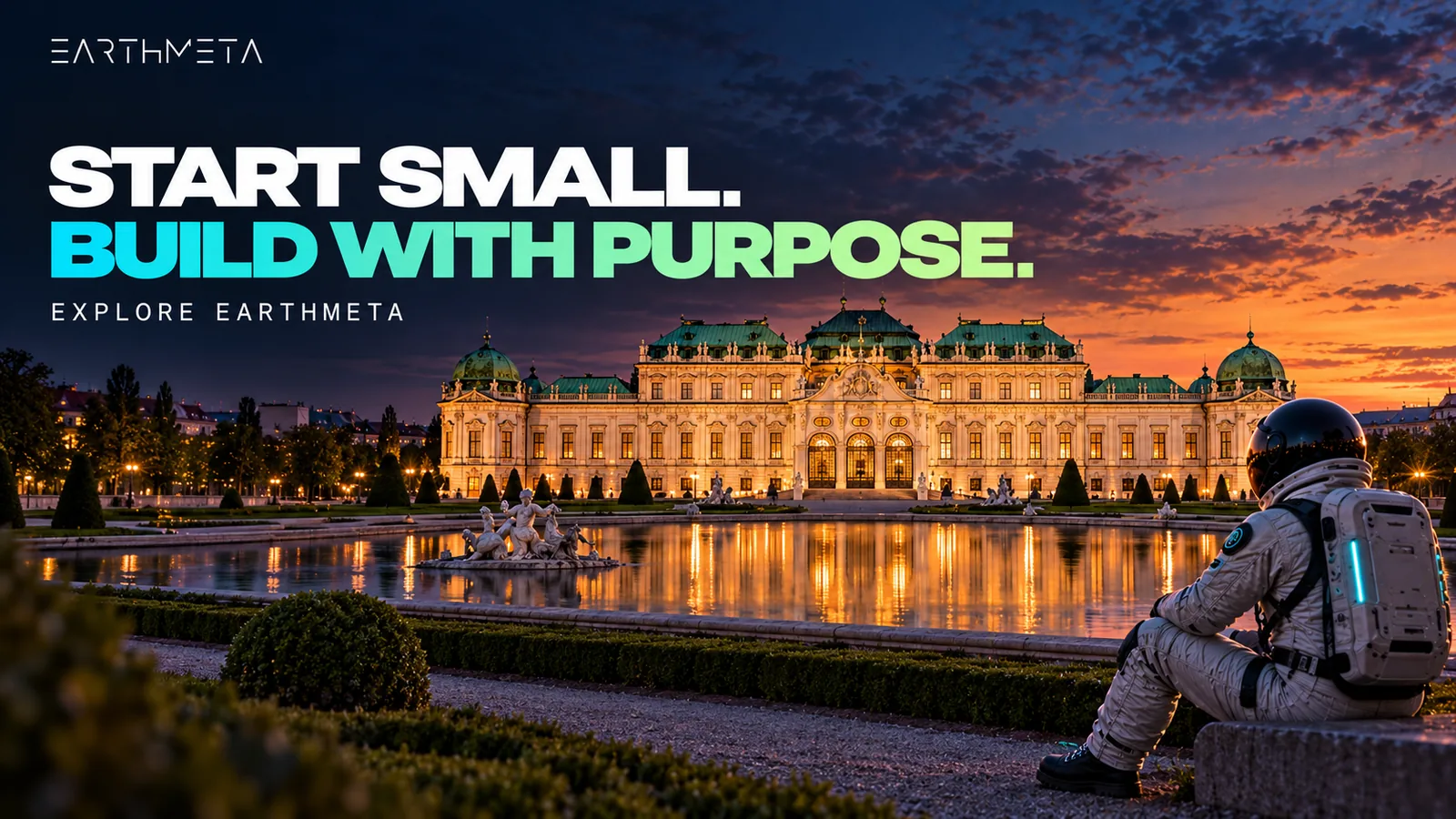Upper Belvedere Palace in Vienna at sunset with an EarthMeta astronaut and the headline “Start small. Build with purpose.”
