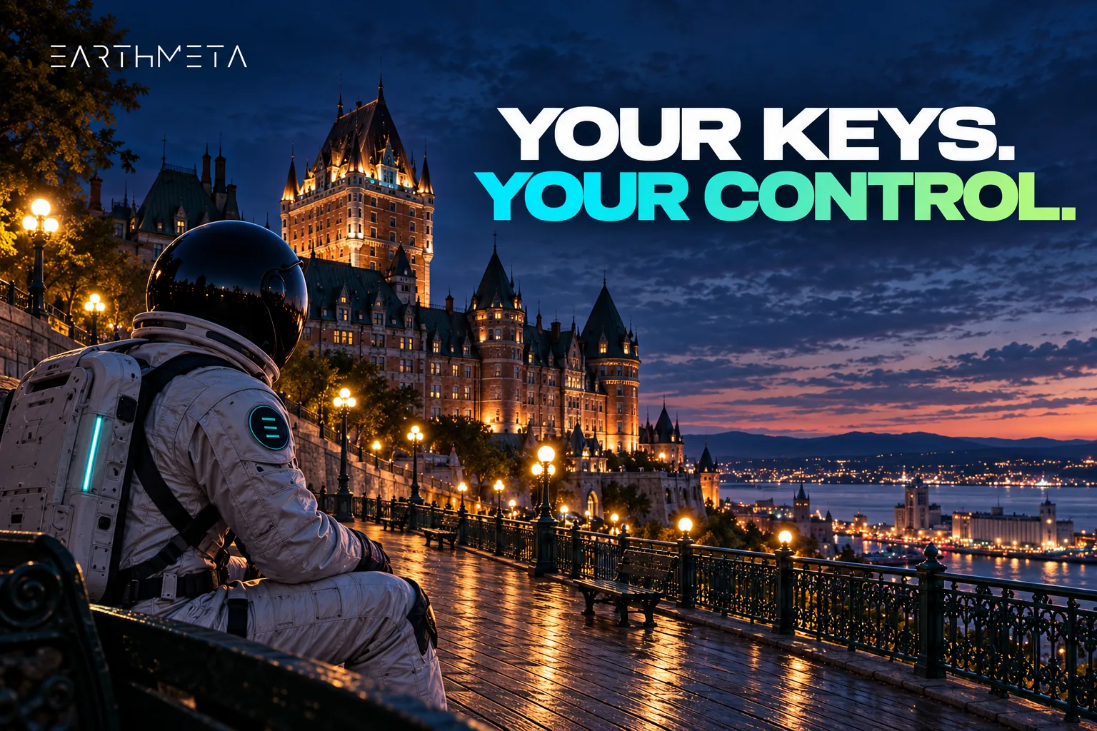EarthMeta artwork: a faceless astronaut on Dufferin Terrace beside Château Frontenac in Quebec City, Canada, with the headline Your keys. Your control.