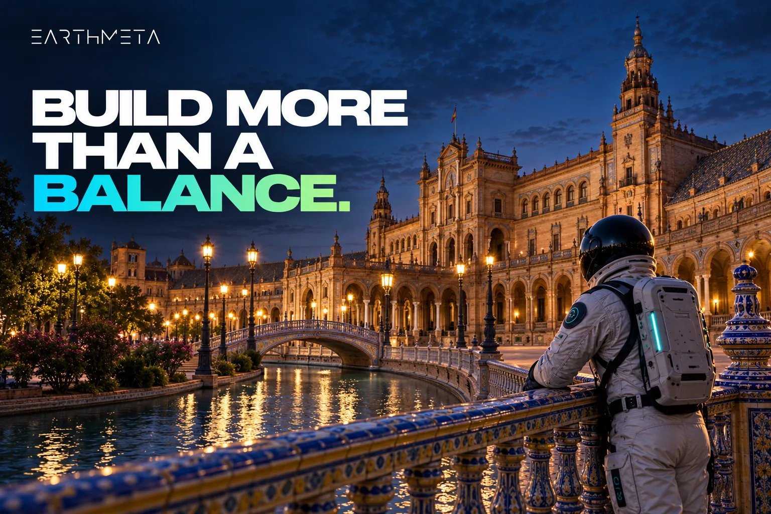 EarthMeta artwork: a faceless astronaut beside the canal and ceramic balustrade at Plaza de España in Seville, Spain, with the headline Build more than a balance.