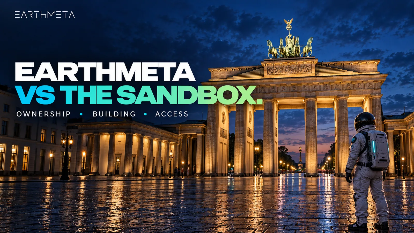 EarthMeta editorial illustration of the Brandenburg Gate in Berlin with a faceless astronaut: EarthMeta vs The Sandbox