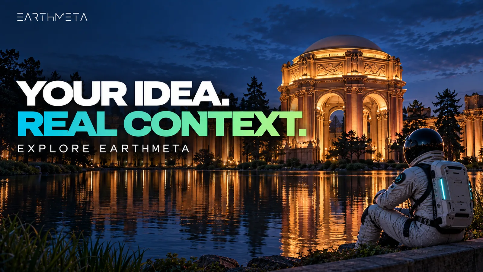 EarthMeta editorial illustration of the Palace of Fine Arts in San Francisco with an astronaut: your idea, real context, explore EarthMeta