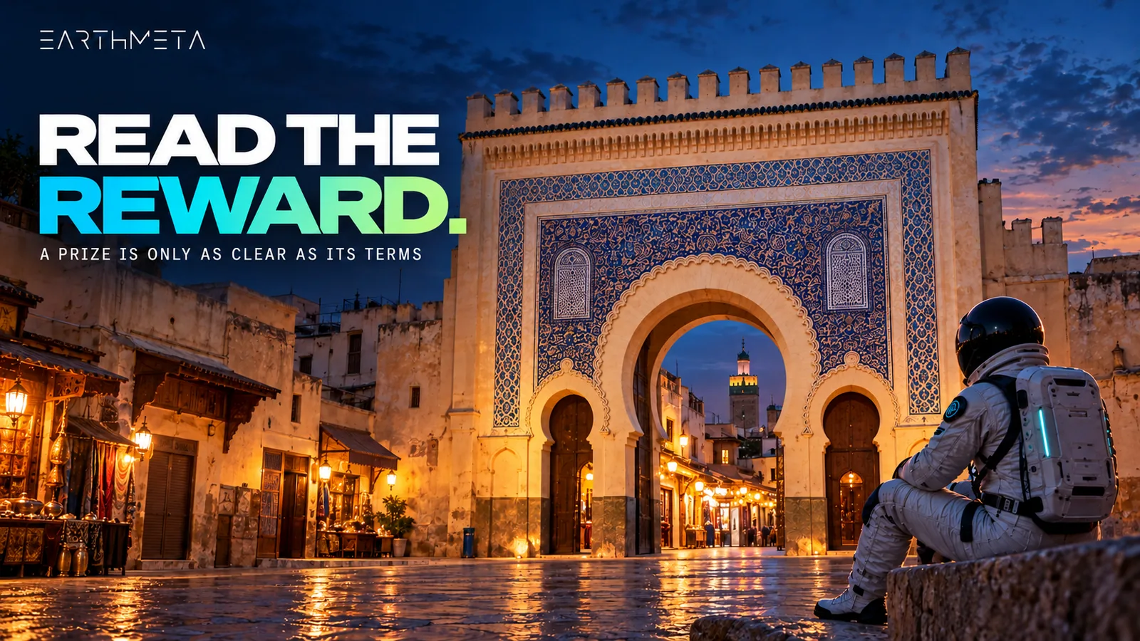 Bab Bou Jeloud gate in Fez at twilight with an EarthMeta astronaut: a reward's conditions define what the recipient receives