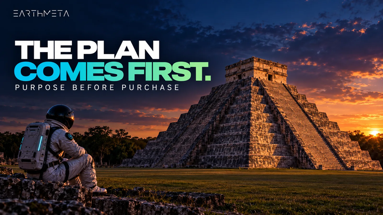 EarthMeta editorial illustration of El Castillo at Chichen Itza, Mexico, with an astronaut: the plan comes first