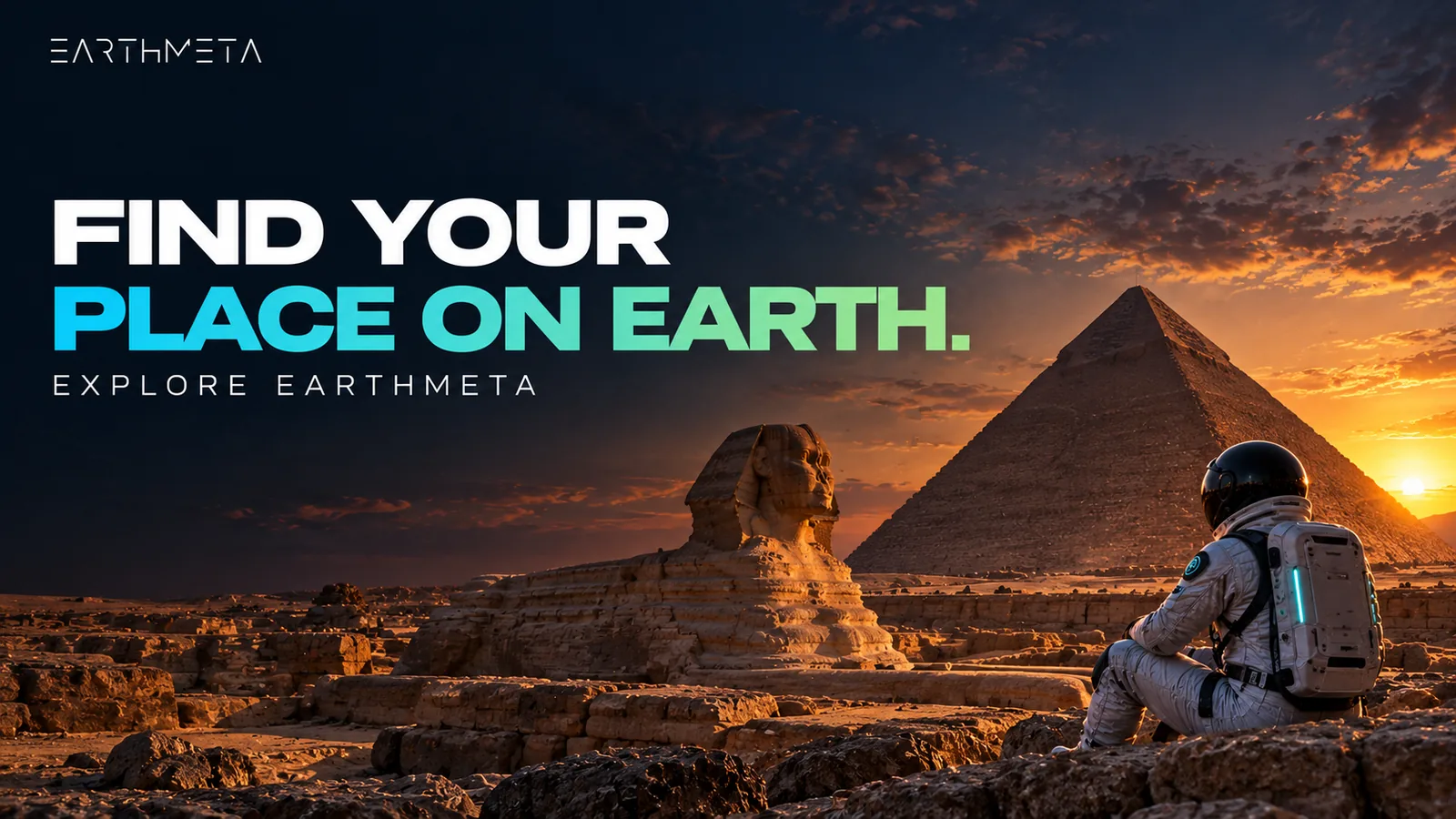 EarthMeta editorial illustration of the Sphinx and a pyramid at Giza, Egypt, with an astronaut: find your place on Earth
