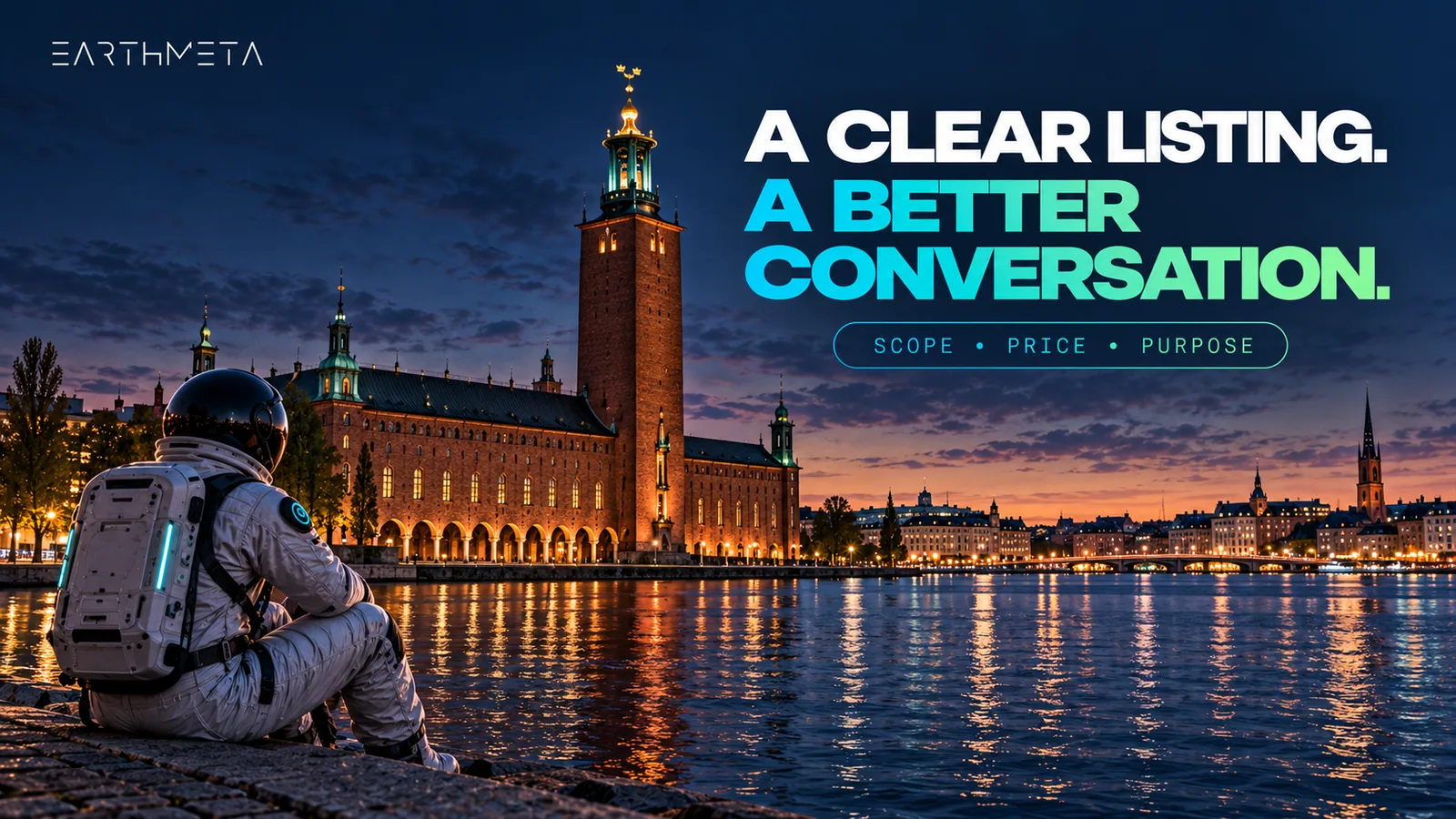EarthMeta astronaut on the Stockholm City Hall waterfront at twilight, with the headline A clear listing. A better conversation.