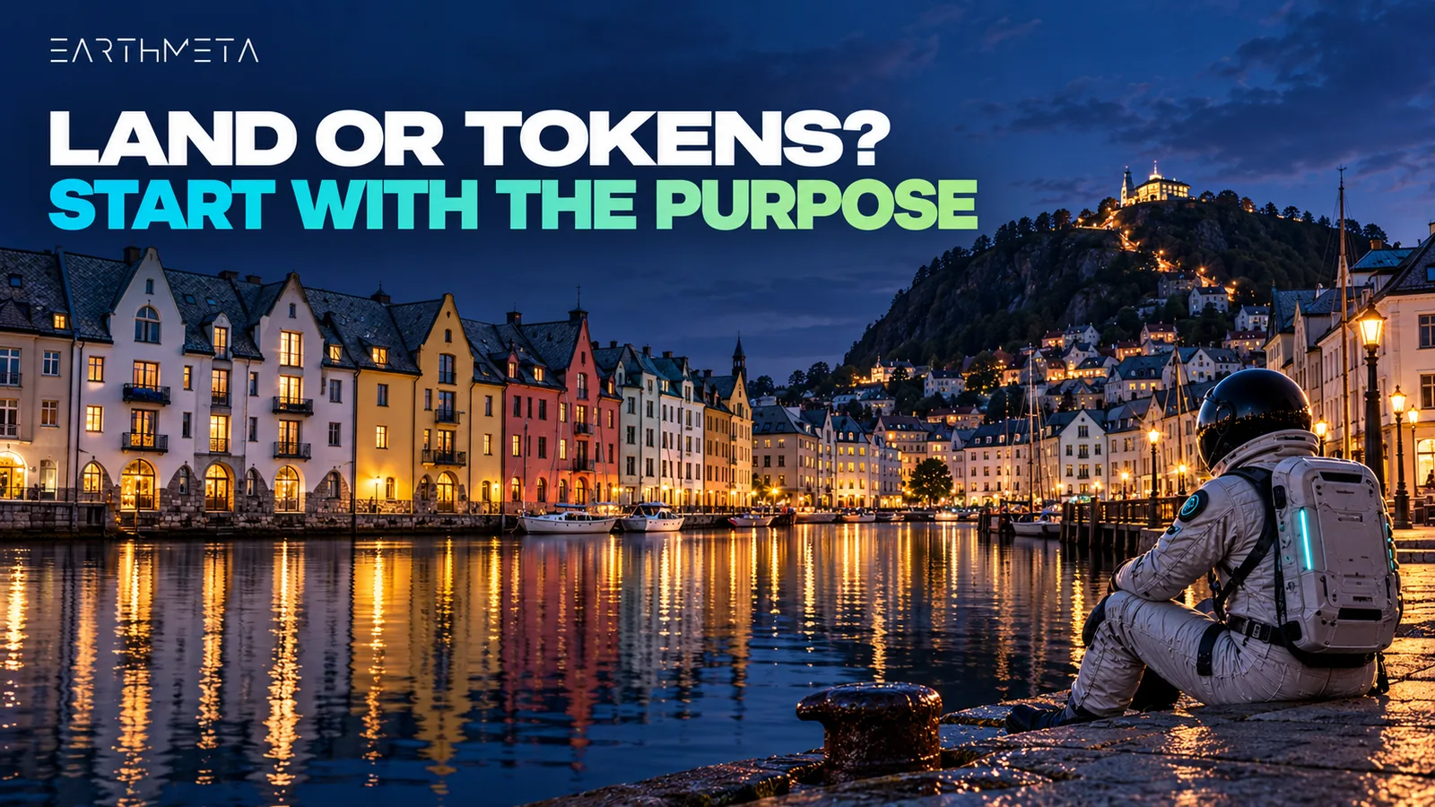 EarthMeta artwork of the Ålesund waterfront in Norway at blue hour with a faceless astronaut and the headline Land or tokens? Start with the purpose