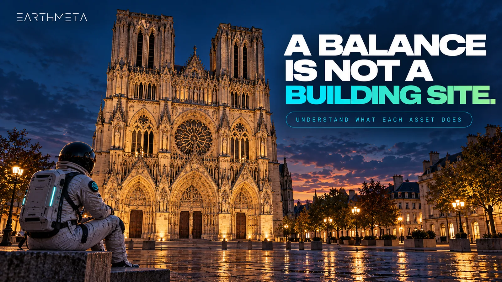 EarthMeta artwork of Reims Cathedral in France at blue hour with a faceless astronaut and the headline A balance is not a building site