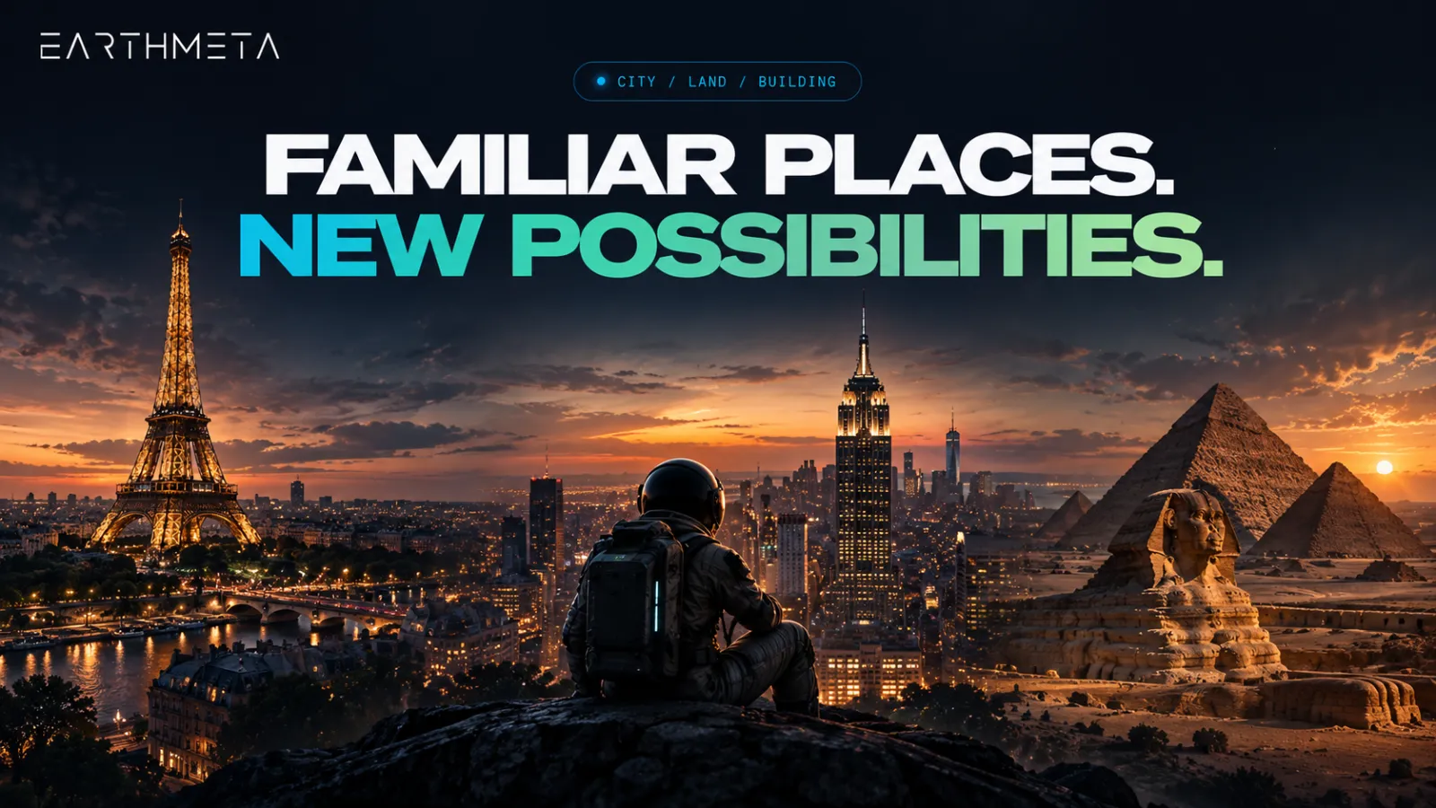 EarthMeta illustration of a digital world built on real-world cities and landmarks