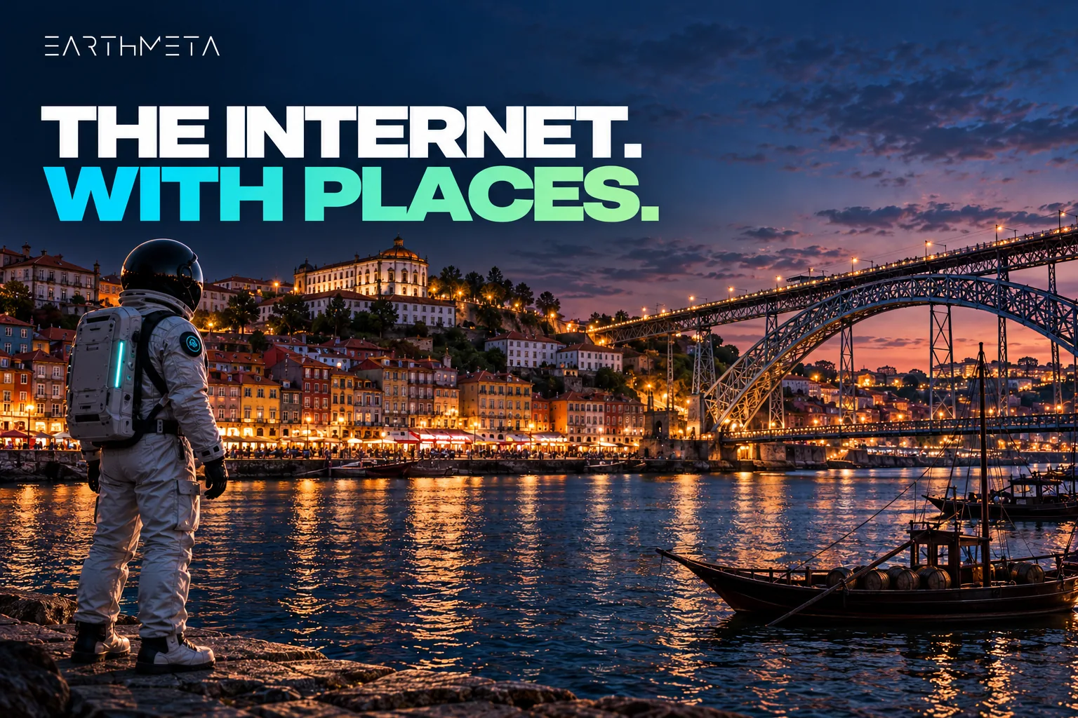 EarthMeta editorial artwork: a faceless astronaut overlooking Porto's Ribeira waterfront and the Dom Luís I Bridge, Portugal