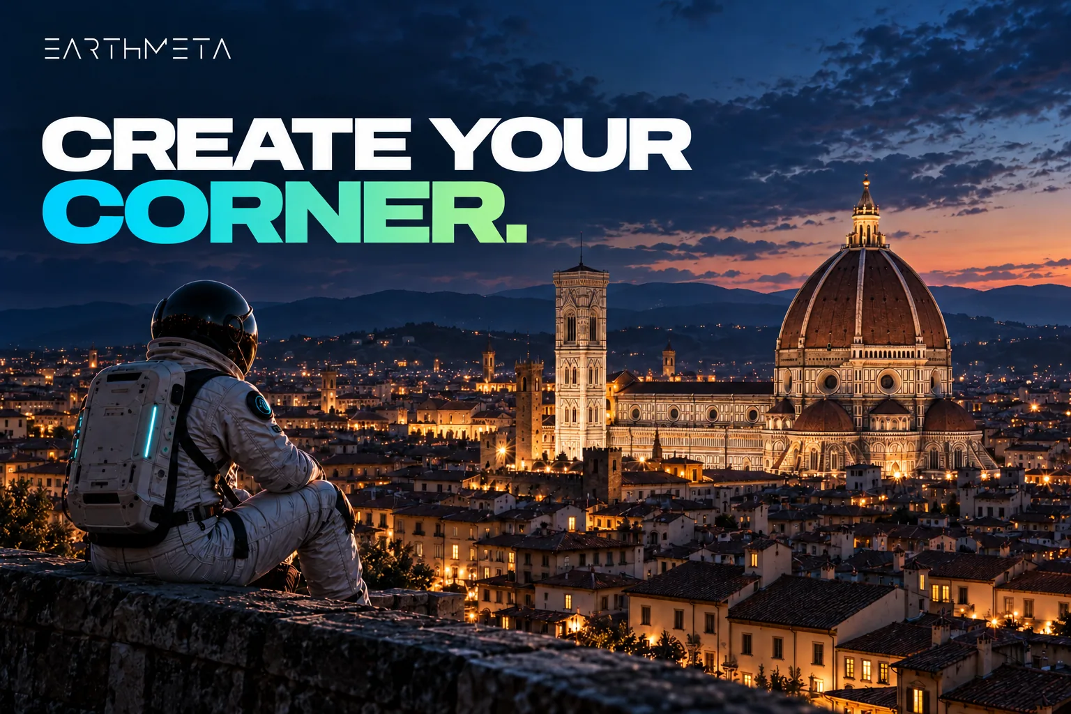 EarthMeta editorial artwork: a faceless astronaut overlooking Florence Cathedral and Brunelleschi's dome, Italy