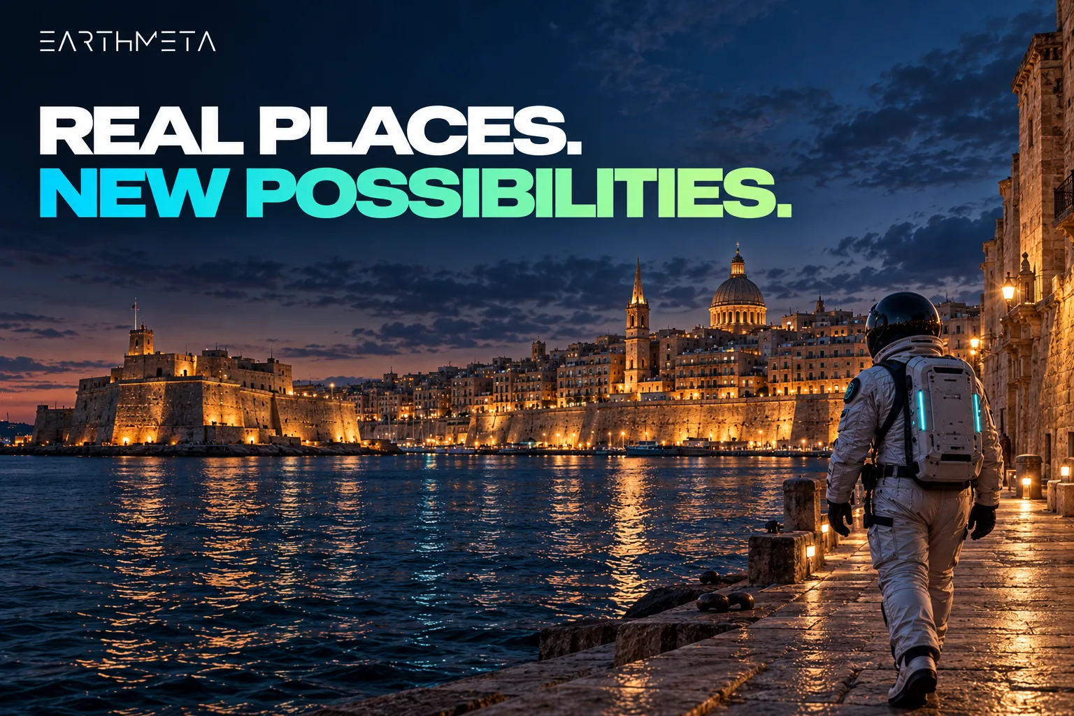 EarthMeta editorial artwork: a faceless astronaut walking along Valletta's historic Grand Harbour waterfront, Malta
