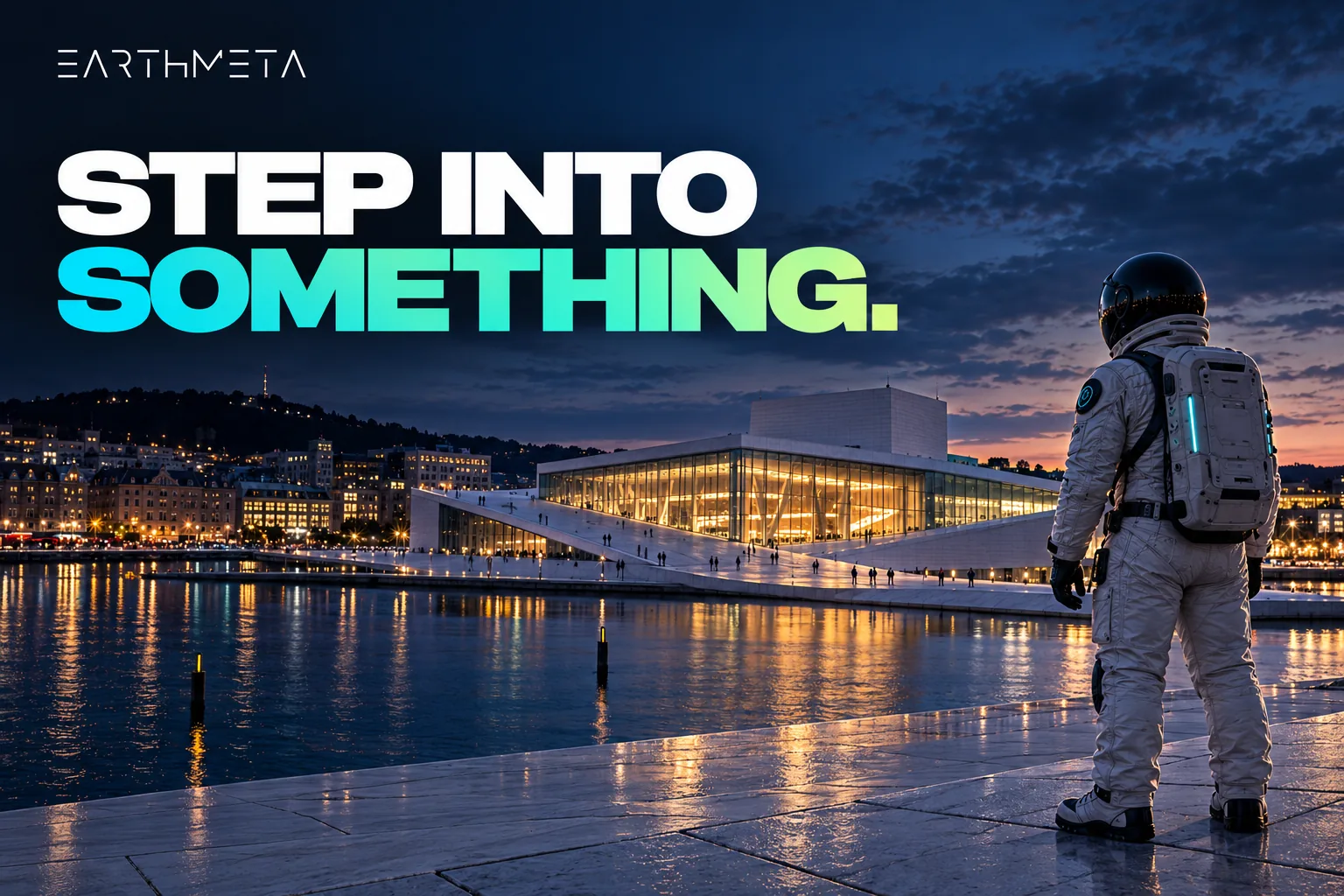 EarthMeta editorial artwork: a faceless astronaut beside the Oslo Opera House and the fjord, Norway