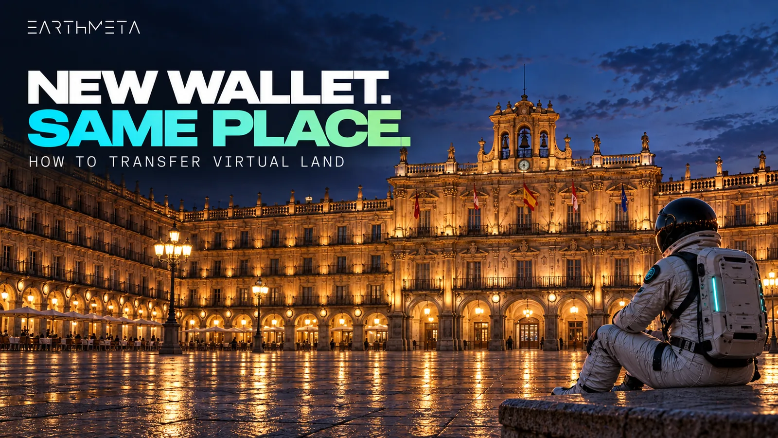 EarthMeta editorial illustration: Salamanca's real Plaza Mayor at blue hour with a faceless astronaut, headline New wallet. Same place.
