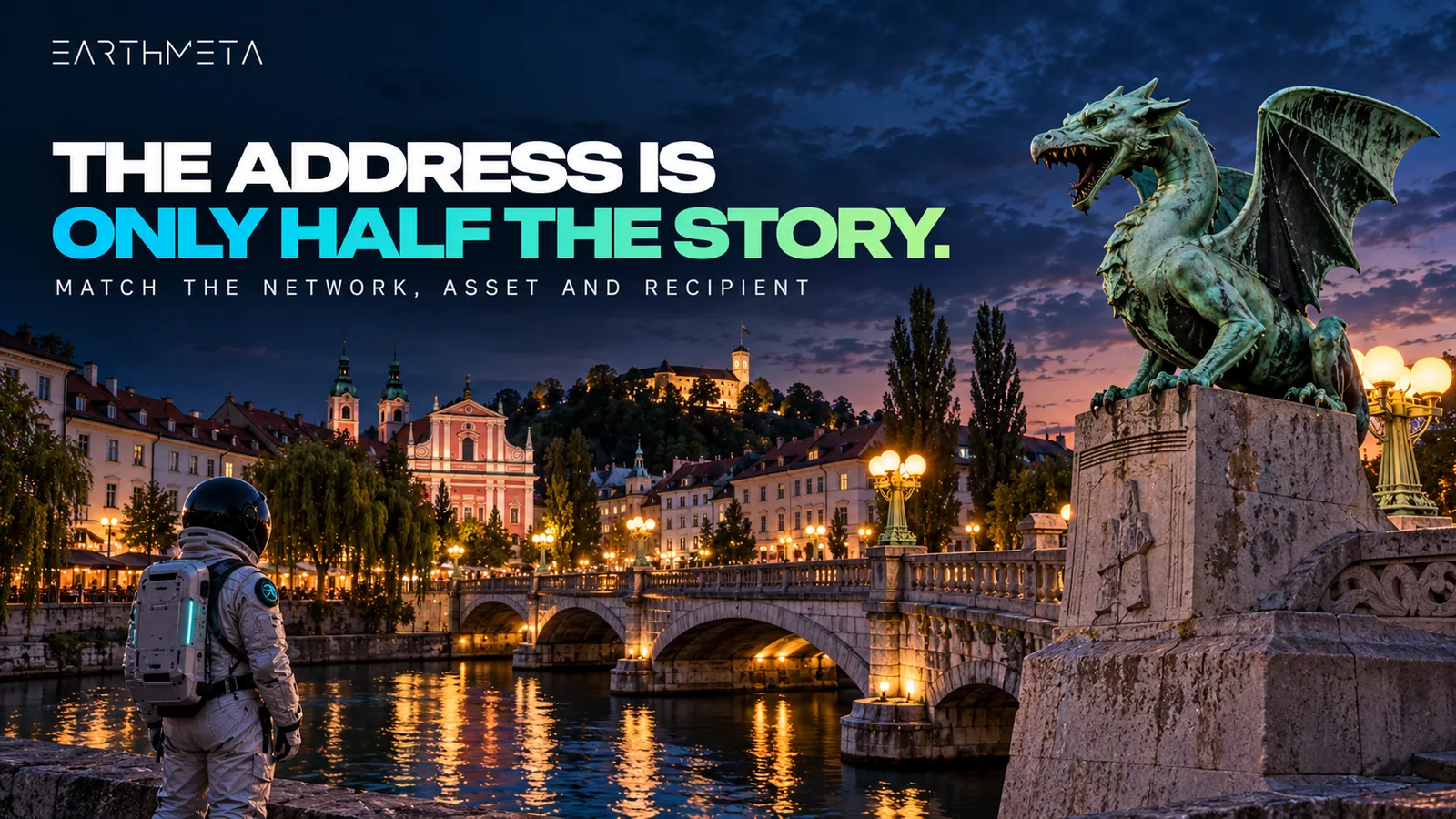 EarthMeta editorial illustration: Ljubljana's Dragon Bridge sculpture over the Ljubljanica at twilight, headline The address is only half the story