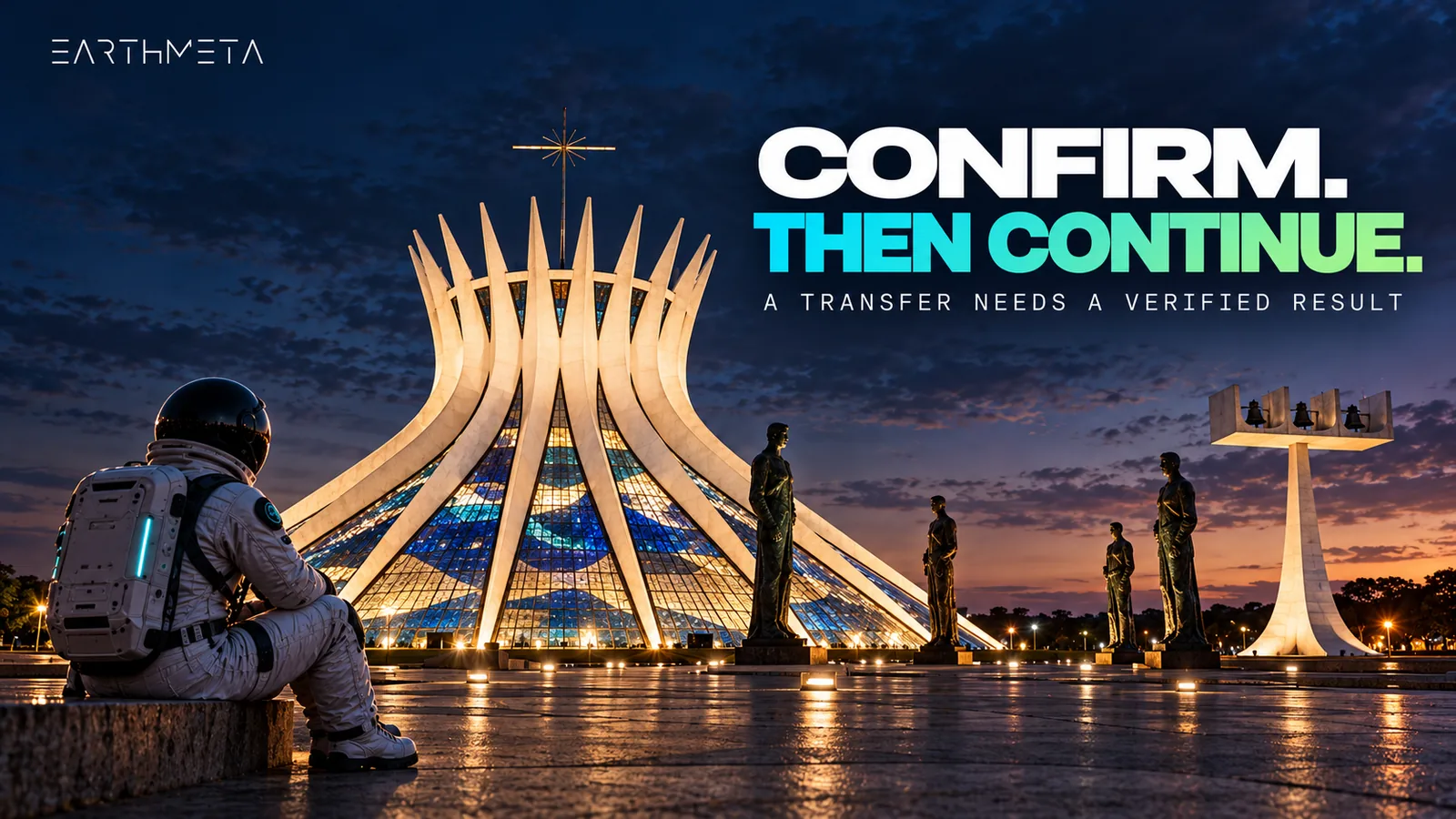 EarthMeta editorial illustration: the Cathedral of Brasilia with its curved concrete ribs at evening, headline Confirm. Then continue.