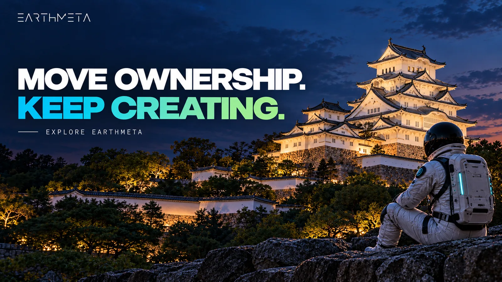 EarthMeta editorial illustration: Himeji Castle in Japan at blue hour with a faceless astronaut, headline Move ownership. Keep creating.