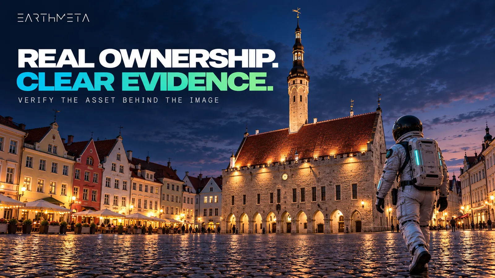 EarthMeta illustration of Tallinn Town Hall at dusk with a faceless astronaut: identify the asset behind the image