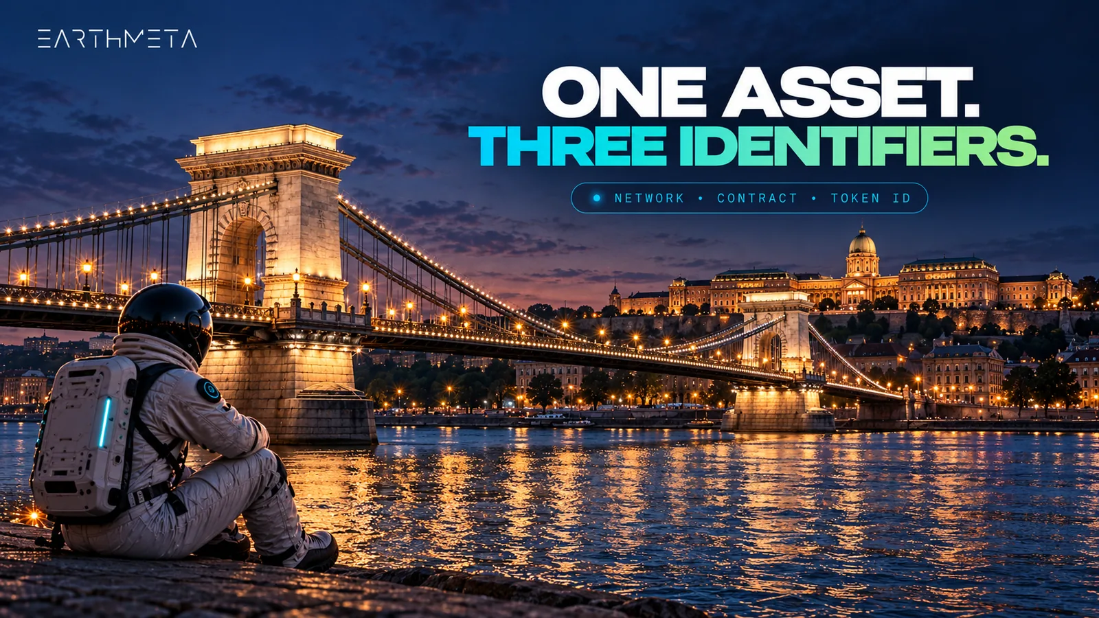 EarthMeta illustration of Budapest's Széchenyi Chain Bridge at twilight: keep network, contract and token ID together