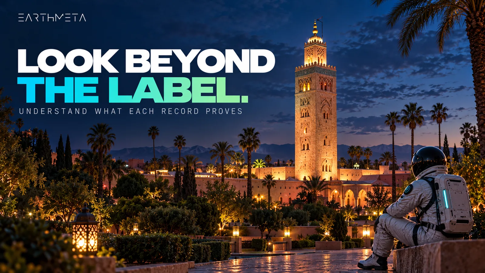 EarthMeta illustration of the Koutoubia minaret in Marrakesh at blue hour: understand the question each record answers