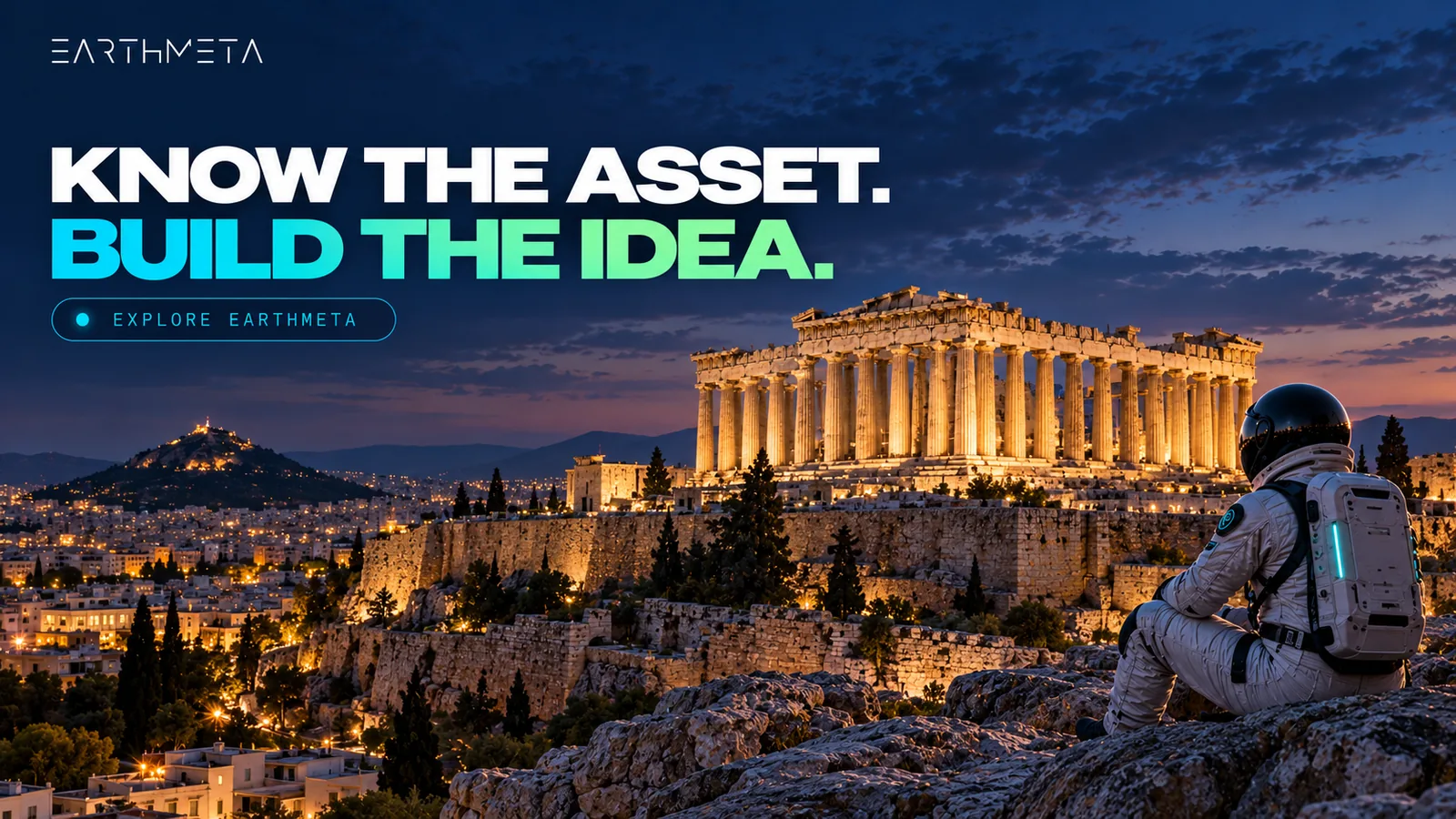 EarthMeta illustration of the Parthenon in Athens at blue hour: clear asset identity gives a creative project a foundation