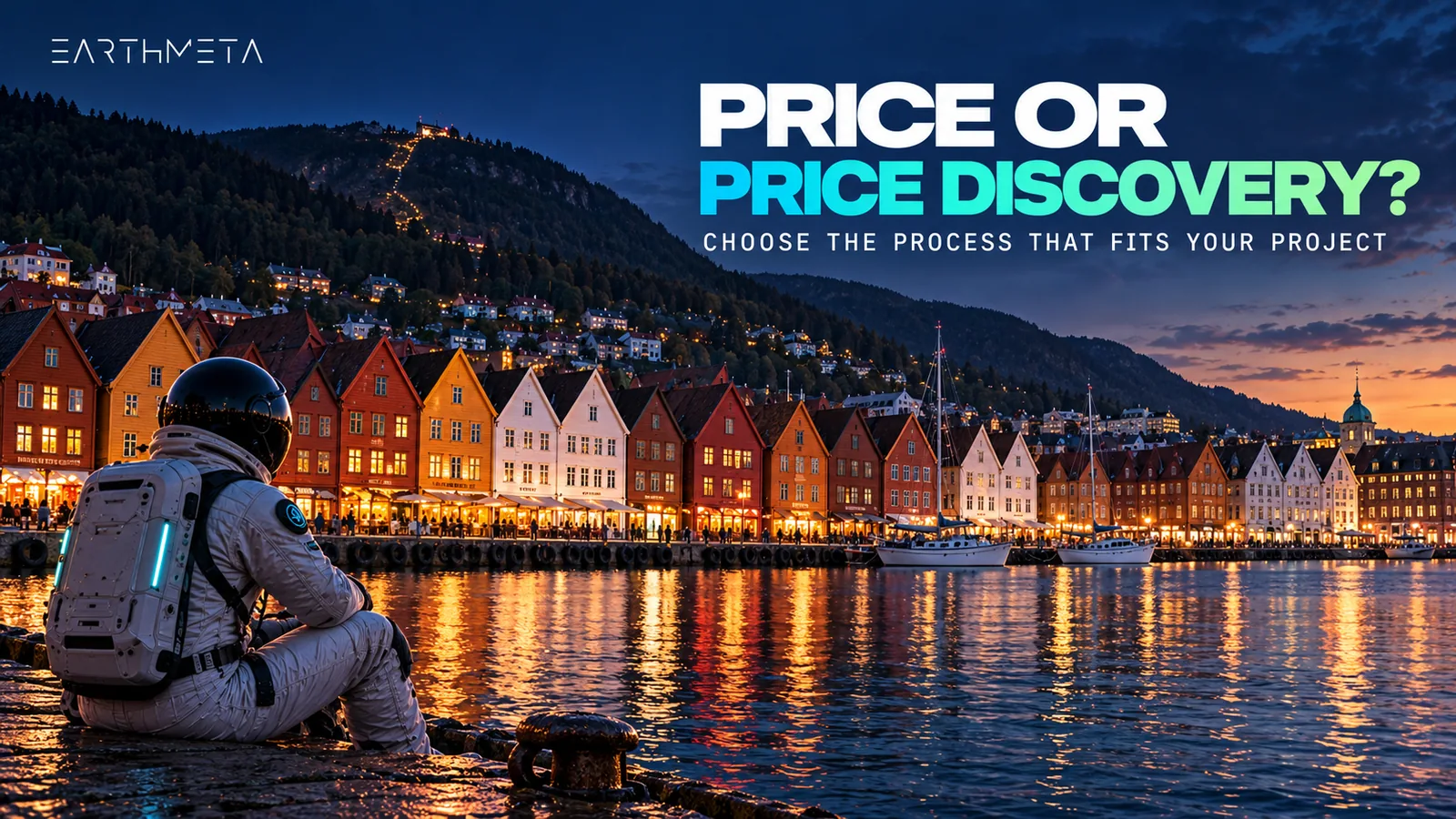 EarthMeta illustration of Bergen's real Bryggen waterfront under the headline Price or price discovery?