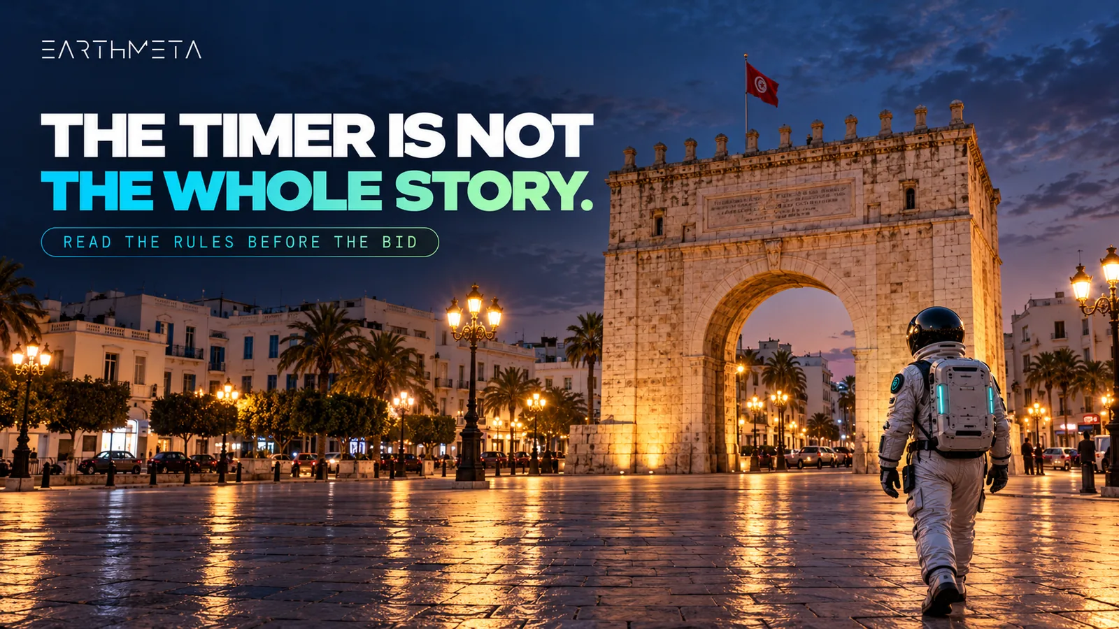 EarthMeta illustration of Tunis's real Bab el Bhar gate under the headline The timer is not the whole story