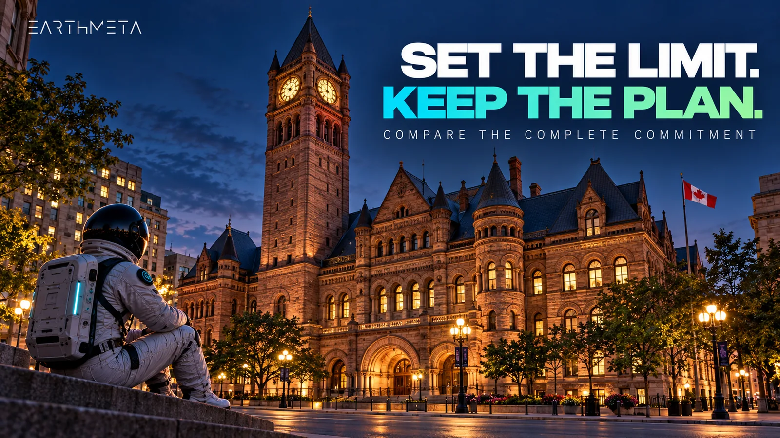 EarthMeta illustration of Toronto's real Old City Hall under the headline Set the limit. Keep the plan.