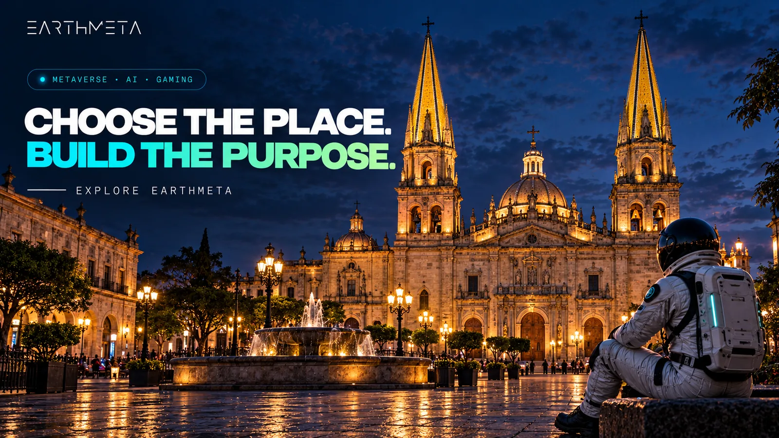 EarthMeta illustration of Guadalajara's real cathedral and its two yellow spires under the headline Choose the place. Build the purpose.