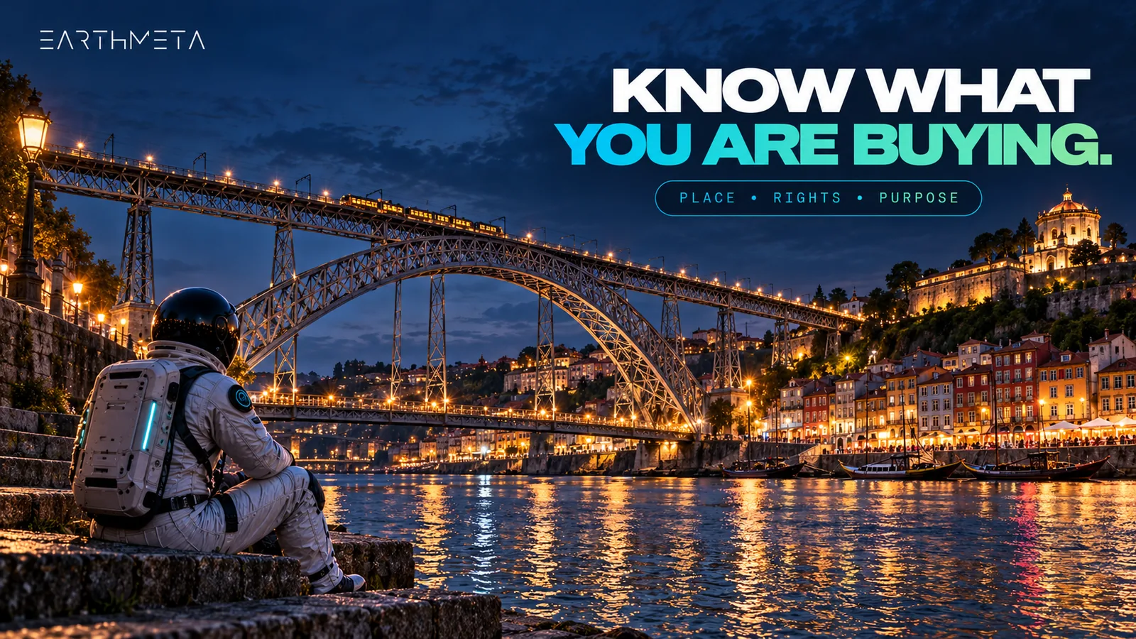Porto's Dom Luís I Bridge over the Douro at blue hour with an EarthMeta astronaut: know what you are buying, place, rights, purpose