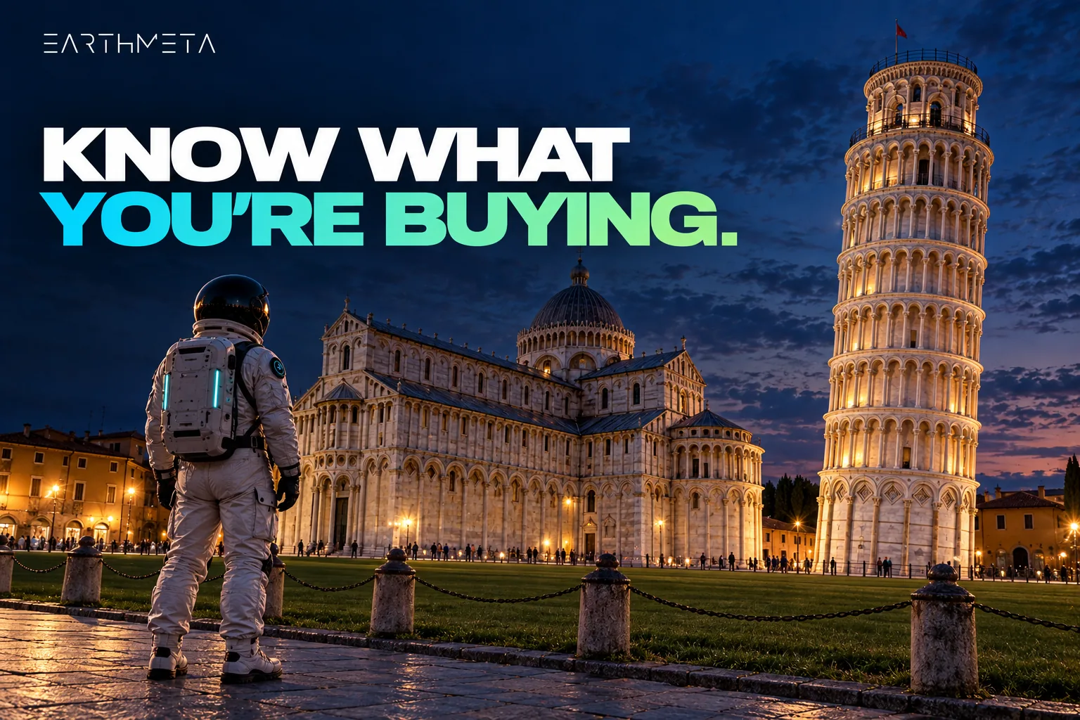 EarthMeta illustration: an astronaut in front of the Leaning Tower and cathedral in Pisa, with the headline Know what you’re buying
