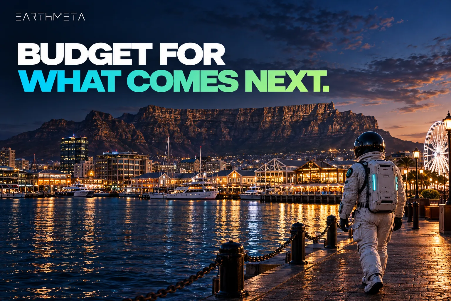 EarthMeta illustration: an astronaut on Cape Town’s V&A Waterfront promenade with Table Mountain behind, and the headline Budget for what comes next