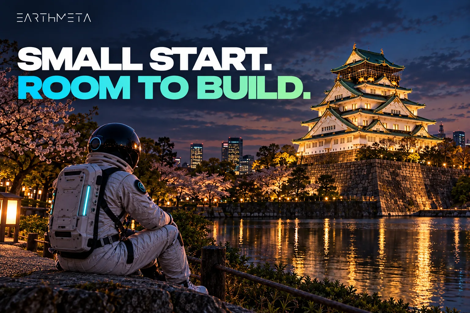 EarthMeta illustration: an astronaut seated in the park below Osaka Castle at twilight, with the headline Small start, room to build