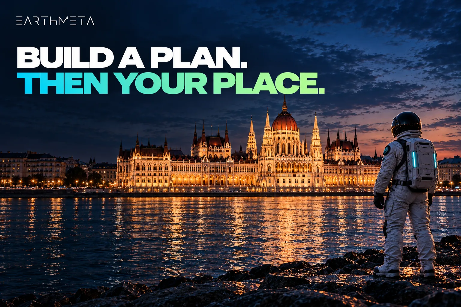 EarthMeta illustration: an astronaut on the Danube riverbank facing Budapest’s Parliament Building, with the headline Build a plan, then your place
