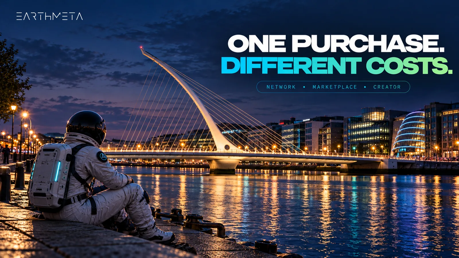 Dublin's Samuel Beckett Bridge at blue hour with an EarthMeta astronaut and the headline One purchase, different costs: network, marketplace, creator