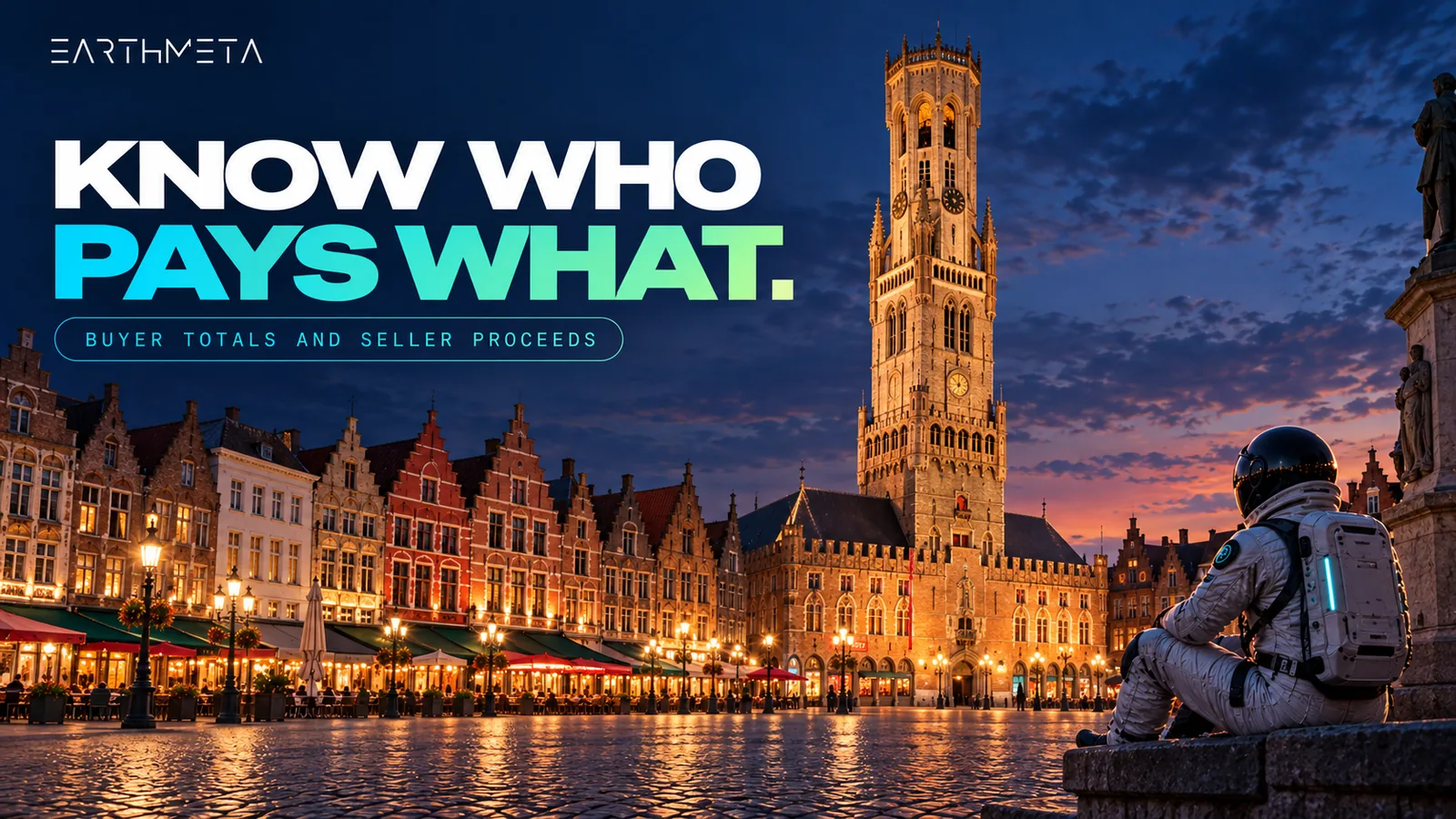 The Belfry of Bruges over the Markt square at twilight with an EarthMeta astronaut and the headline Know who pays what: buyer totals and seller proceeds