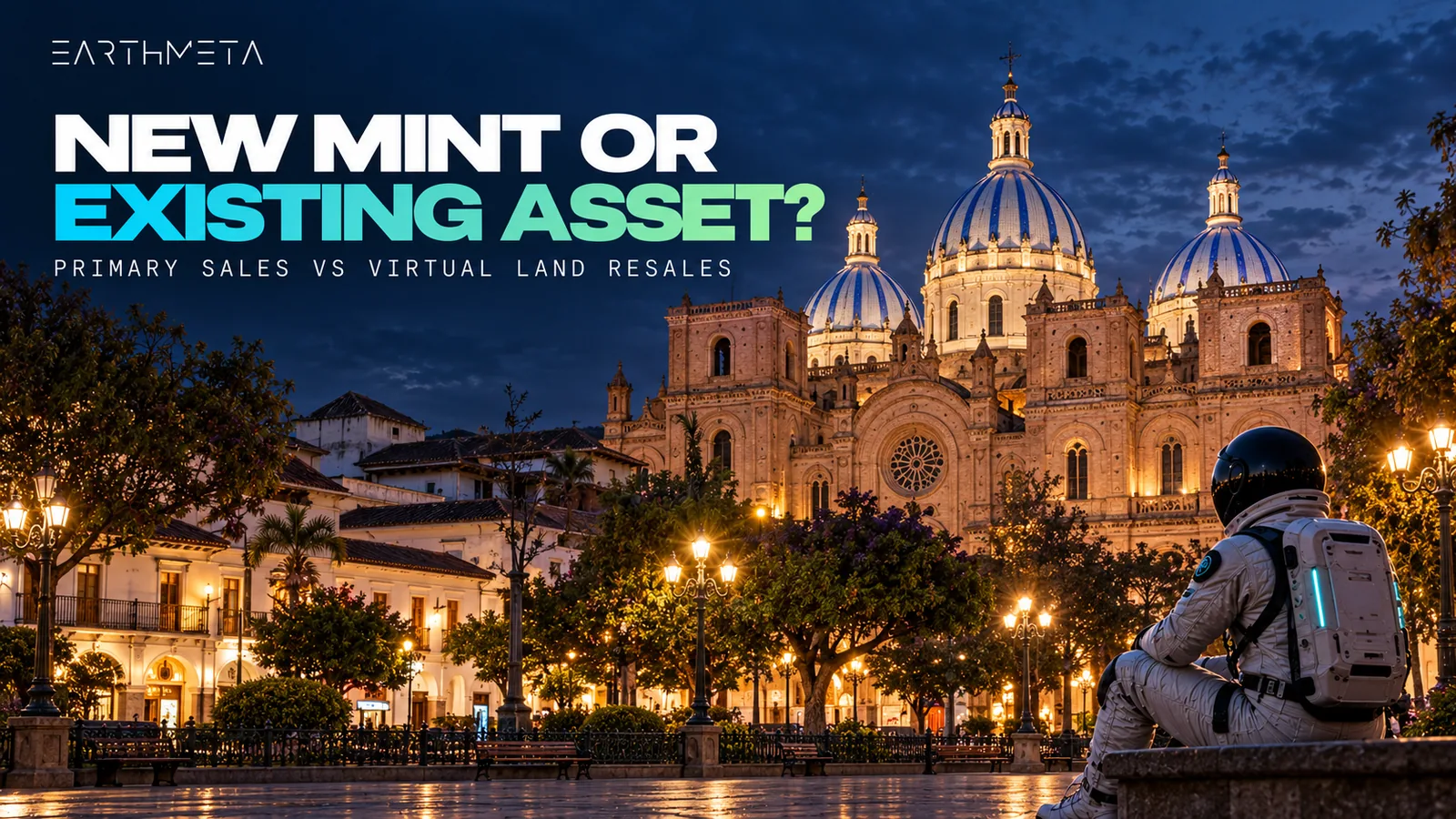 EarthMeta illustration inspired by Cuenca's New Cathedral and its blue tiled domes, with the headline New mint or existing asset?